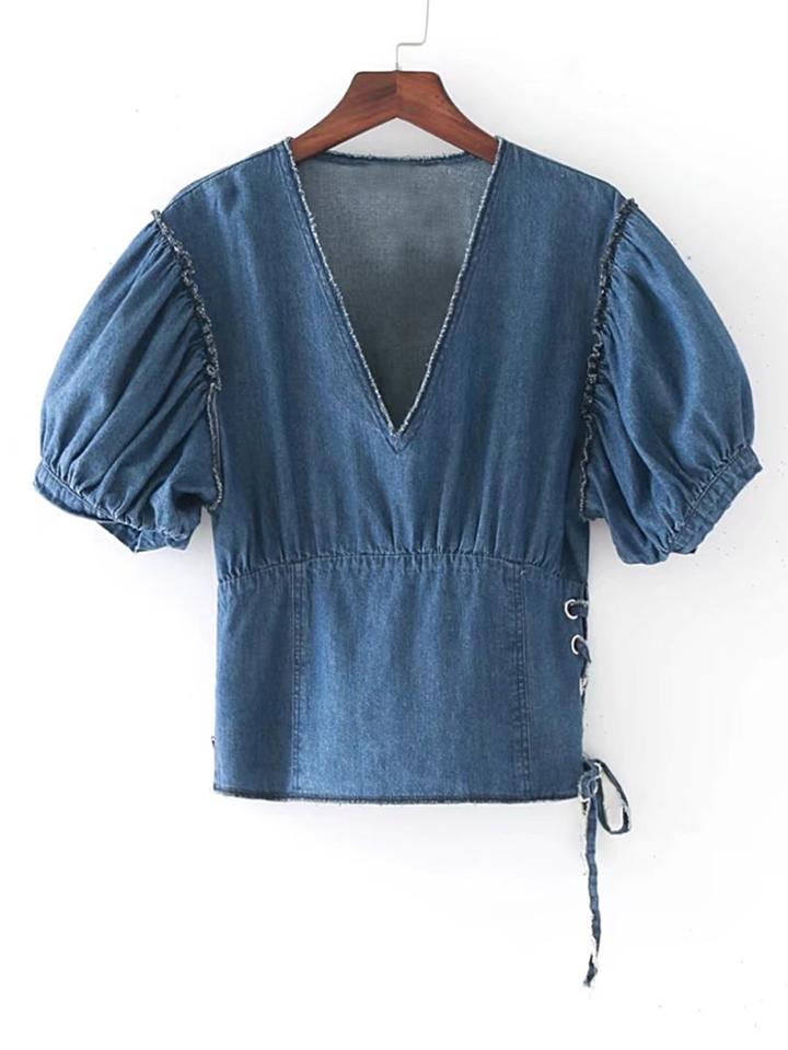 Shein Puff Sleeve Eyelet Lace Up Waist Denim Top