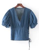 Shein Puff Sleeve Eyelet Lace Up Waist Denim Top
