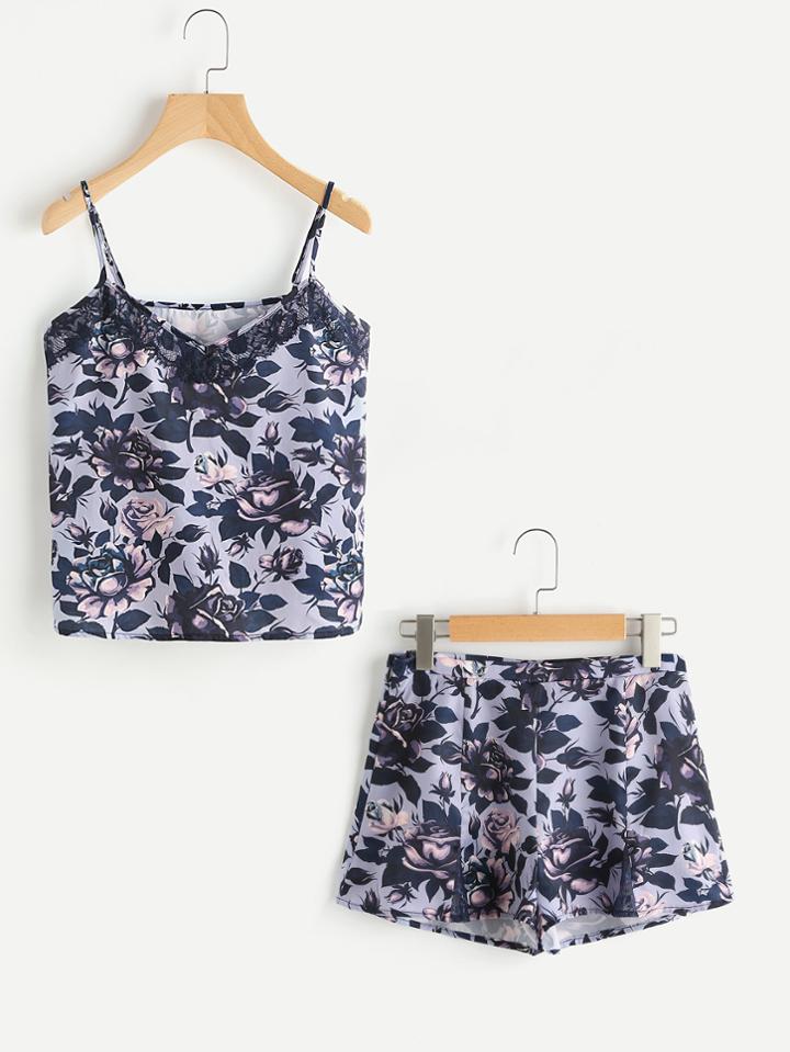 Shein Lace Detail Cami And Shorts Pajama Set