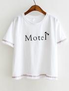 Shein White Letter Print Embroidery Fringe Trim Tee