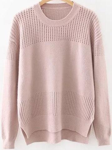 Shein Pink Hollow Out Side Slit Dip Hem Sweater