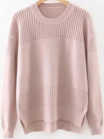 Shein Pink Hollow Out Side Slit Dip Hem Sweater