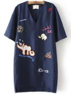 Shein Navy V Neck Cartoon Embroidered Dress