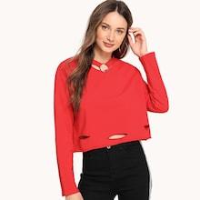 Shein Ring Detail Choker Neck Ripped Sweatshirt