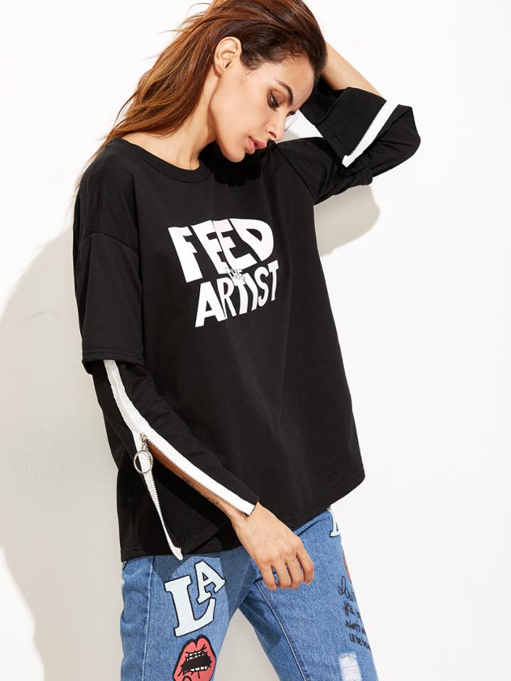Shein Letters Print Zip Sleeve 2 In 1 T-shirt