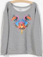 Shein Grey Long Sleeve Parrot Print Sweatshirt