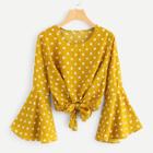 Shein Fluted Sleeve Polka Dot Knot Front Top
