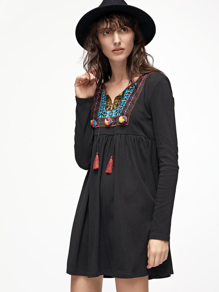 Shein Black Tassel Tie Embroidered Neck High Waist Dress