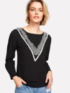 Shein Embroidered Tape Detail Tassel Blouse