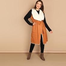 Shein Plus Self Belted Pocket Side Faux Shearling Vest