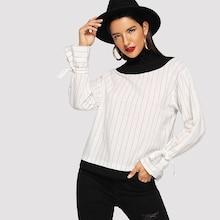 Shein Ruffle Sleeve Pinstripe High Neck Blouse