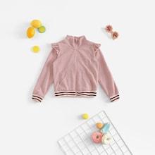 Shein Girls Zip Up Ruffle Trim Striped Jacket