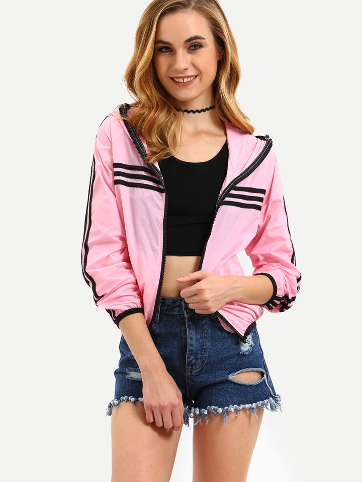 Shein Pink Hooded Contrast Striped Trim Jacket With Zipper