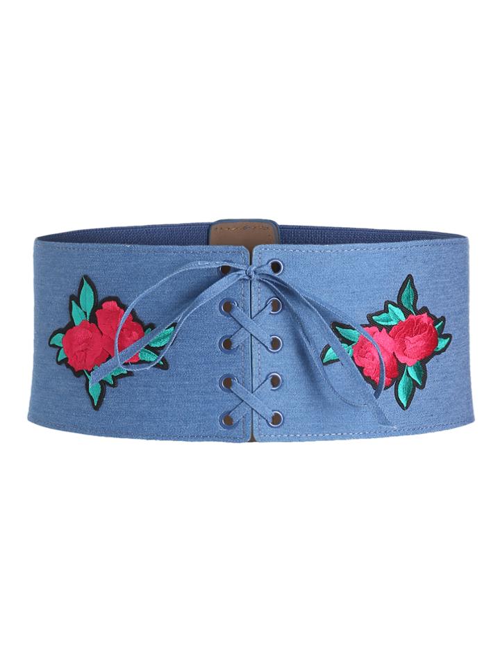 Shein Rose Applique Lace Up Denim Corset Belt