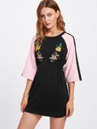 Shein Contrast Sleeve Embroidered Floral Applique Dress
