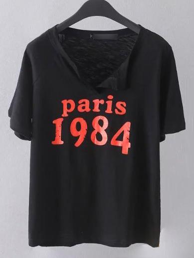 Shein Black Collarless Letter Casual T-shirt