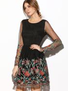 Shein Black Sheer Sleeve Embroidered Mesh Dress