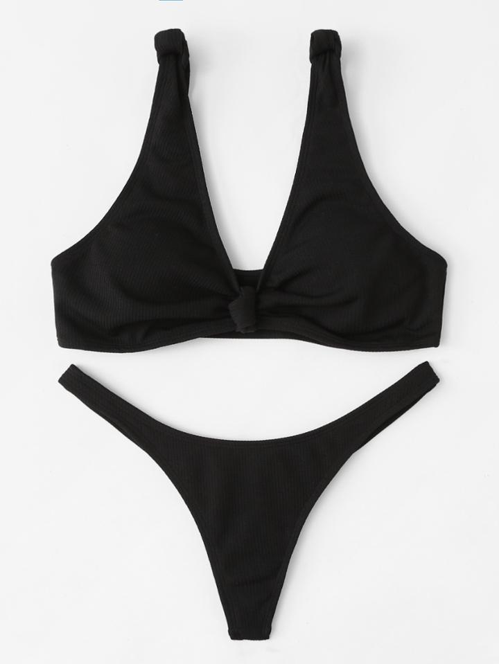 Shein Knot Front High Leg Rib Bikini Set