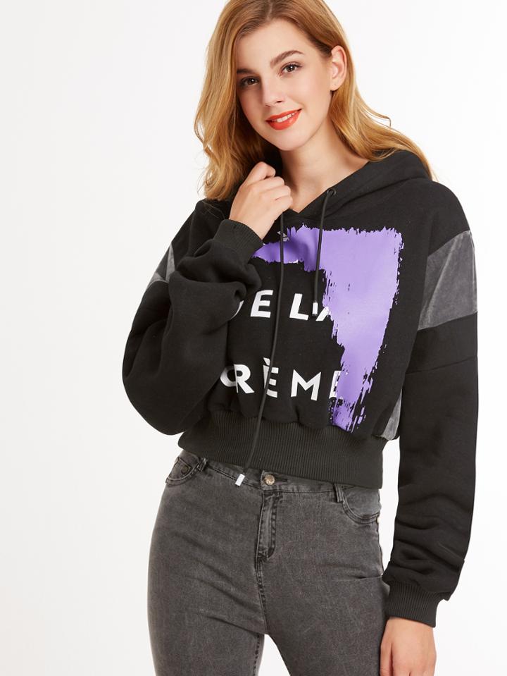 Shein Black Printed Hooded Drop Shoulder Contrast Velvet Crop Sweatshirt