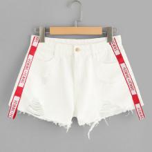 Shein Letter Tape Raw Hem Denim Shorts