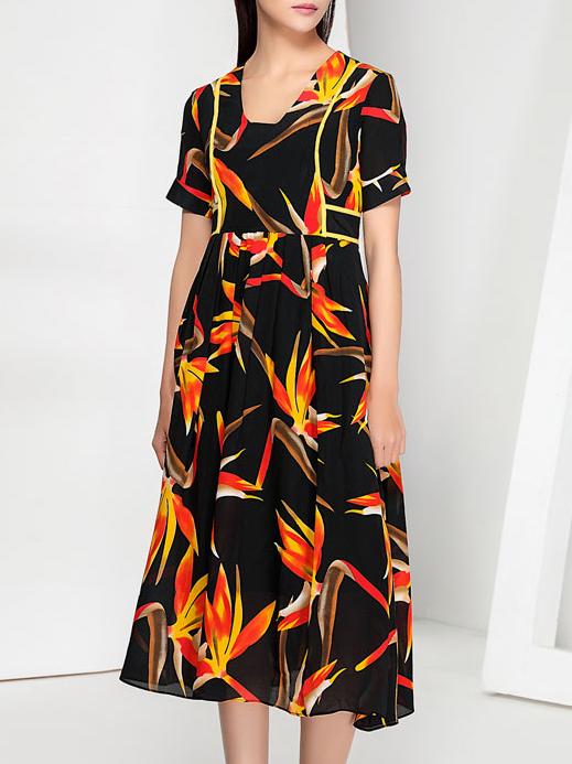 Shein Black V Neck Print Obi A-line Dress