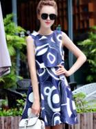 Shein Blue Round Neck Sleeveless Contrast Lace Print Dress
