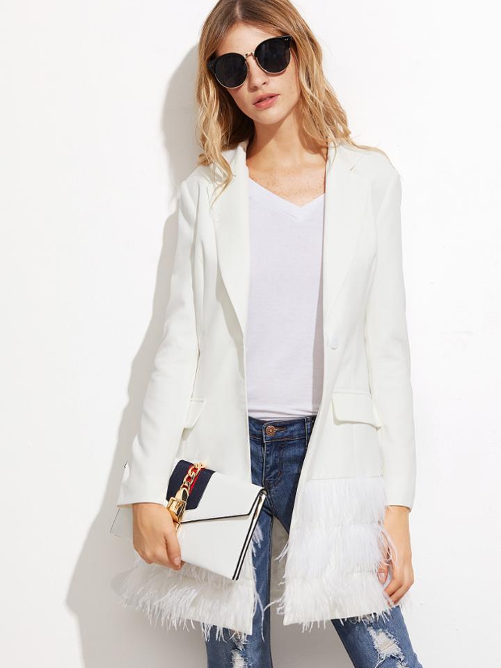 Shein White Layered Faux Fur Trim Longline Blazer