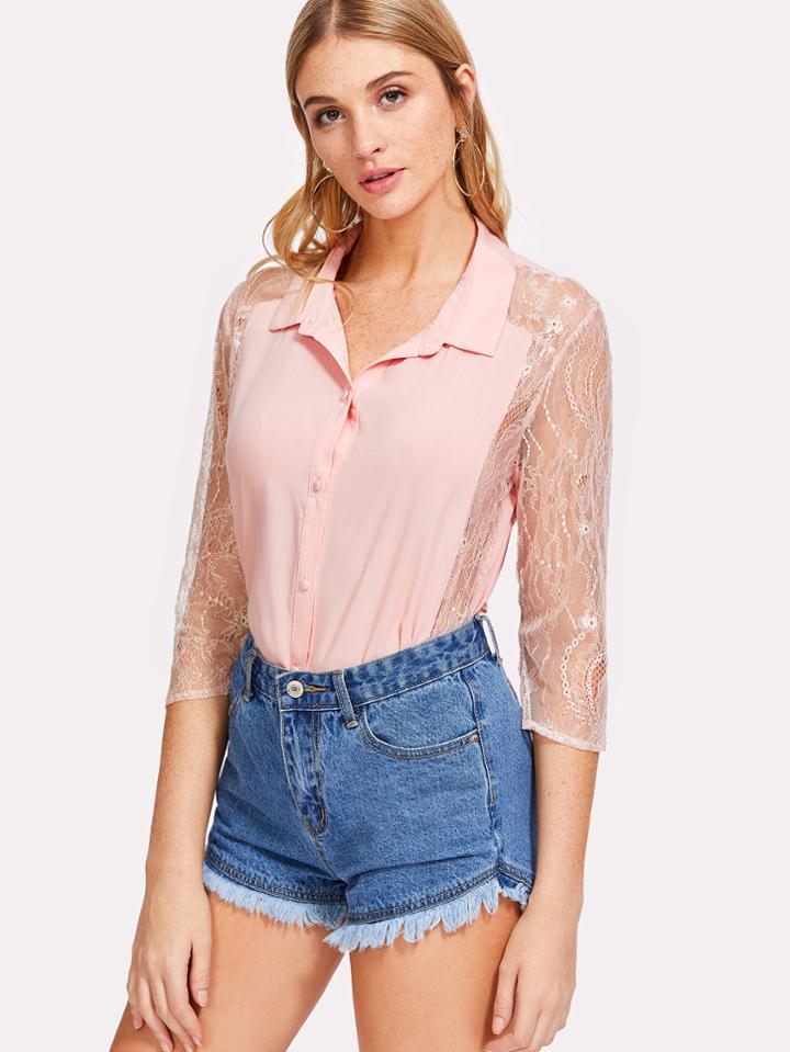 Shein Lace Sleeve And Hem Blouse