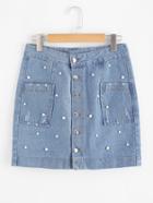 Shein Faux Pearl Beading Button Front Denim Skirt