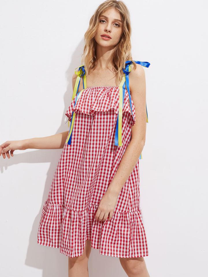 Shein Self Tie Ribbon Strap Tiered Hem Frill Gingham Dress