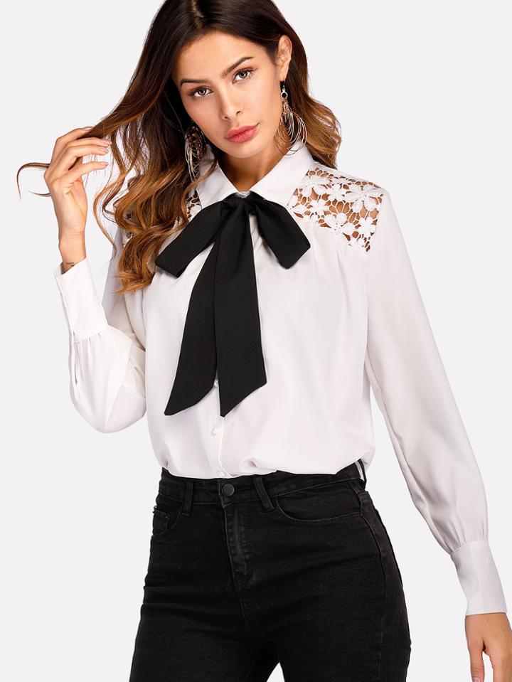 Shein Guipure Lace Insert Tie Neck Shirt