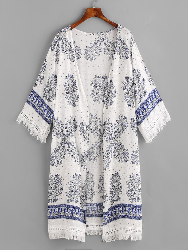 Shein Botanical Print Fringe Hemline Cover Up