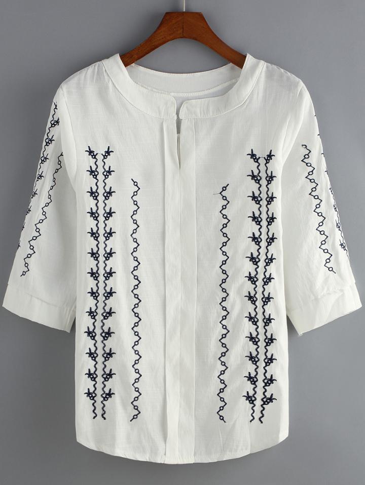 Shein White Round Neck Embroidered Dip Hem Blouse