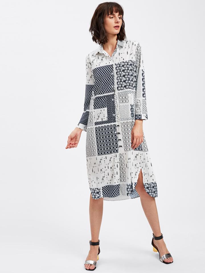 Shein Allover Printed Random Side Split Shirt Dress