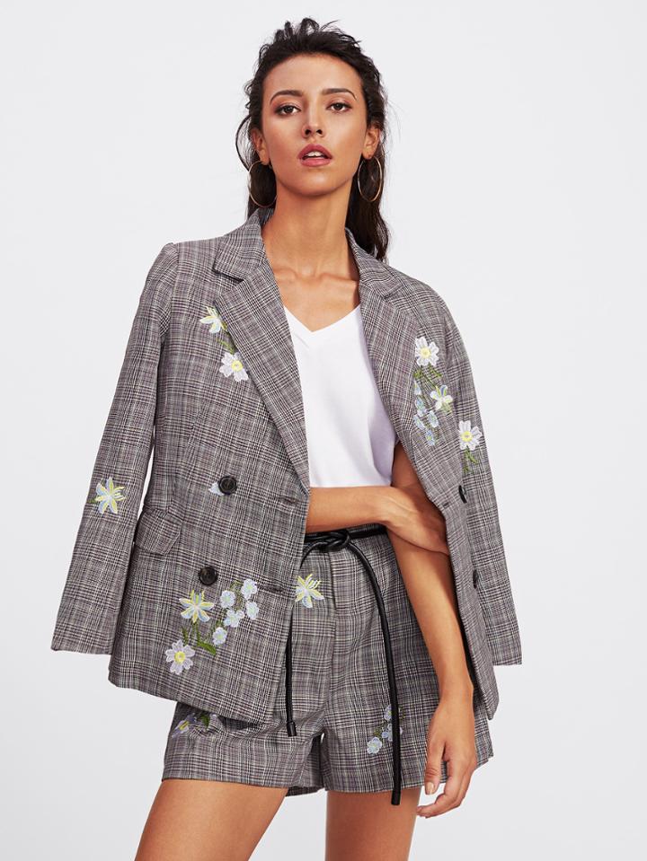 Shein Floral Embroidered Checked Blazer With Self Tie Shorts