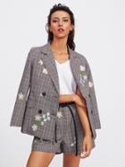 Shein Floral Embroidered Checked Blazer With Self Tie Shorts