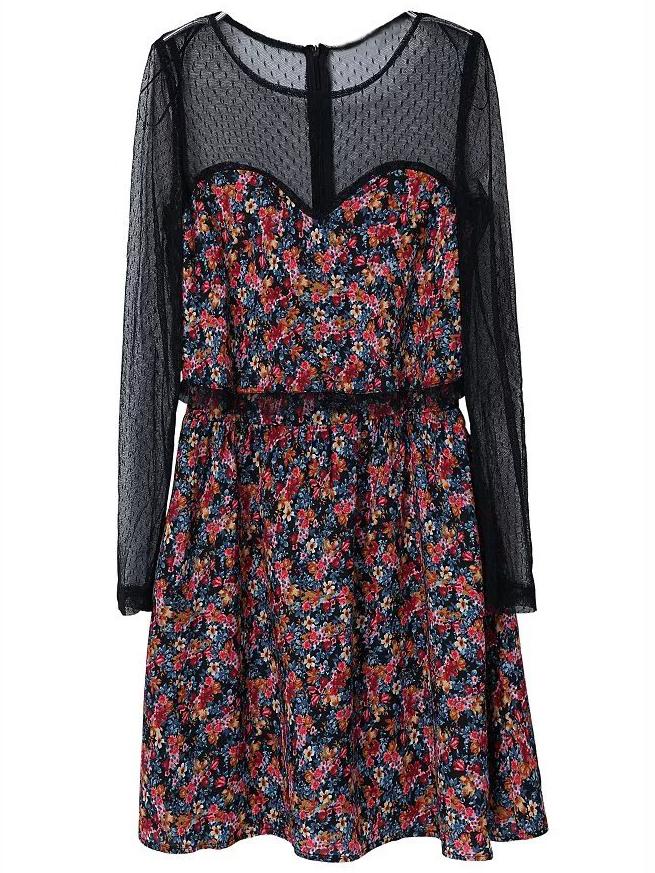 Shein Gauze Splicing Zipper Back Floral Dress