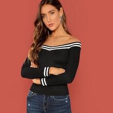 Shein Striped Bardot Neck Tee
