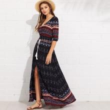 Shein Tribal Print Tassel Tie Waist Dress