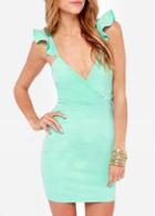Rosewe Fine Quality V Neck Open Back Green Bodycon Dress