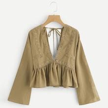 Shein Plunging V-neckline Lace Trim Self Tie Frill Blouse