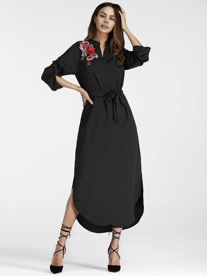 Shein Embroidered Applique Curved Hem Belt Dress