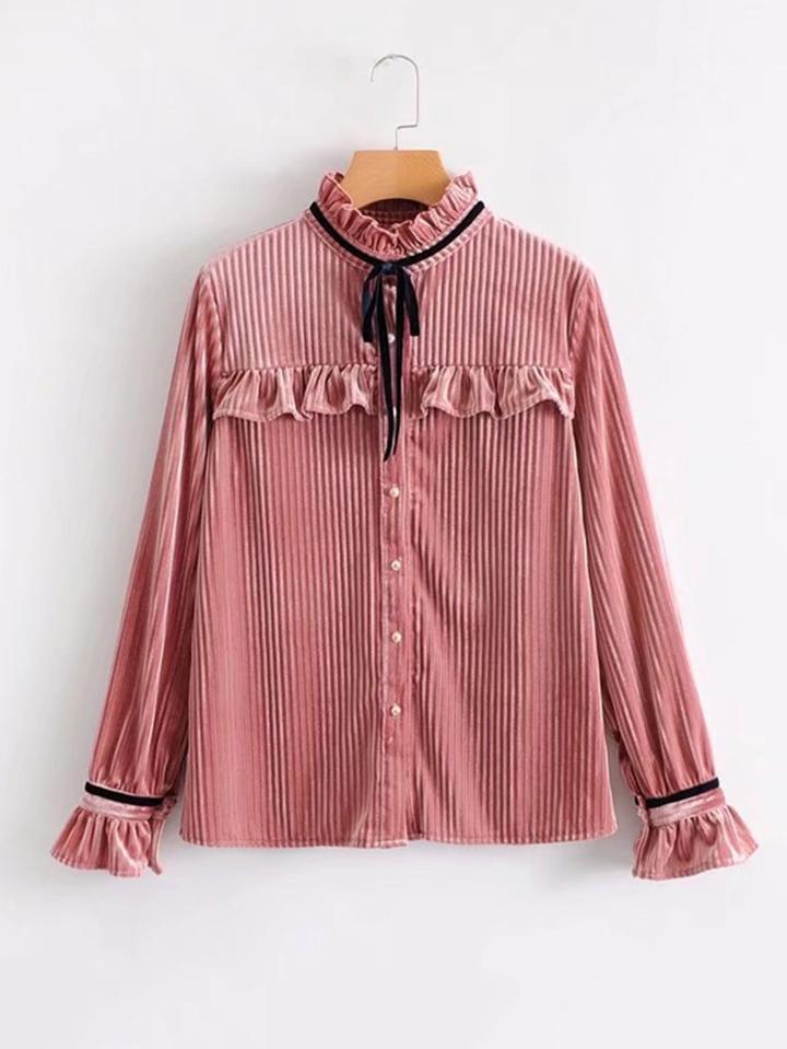 Shein Bow Tie Ruffle Detail Velvet Blouse