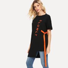 Shein Letter Print Tie Waist Asymmetrical Tee