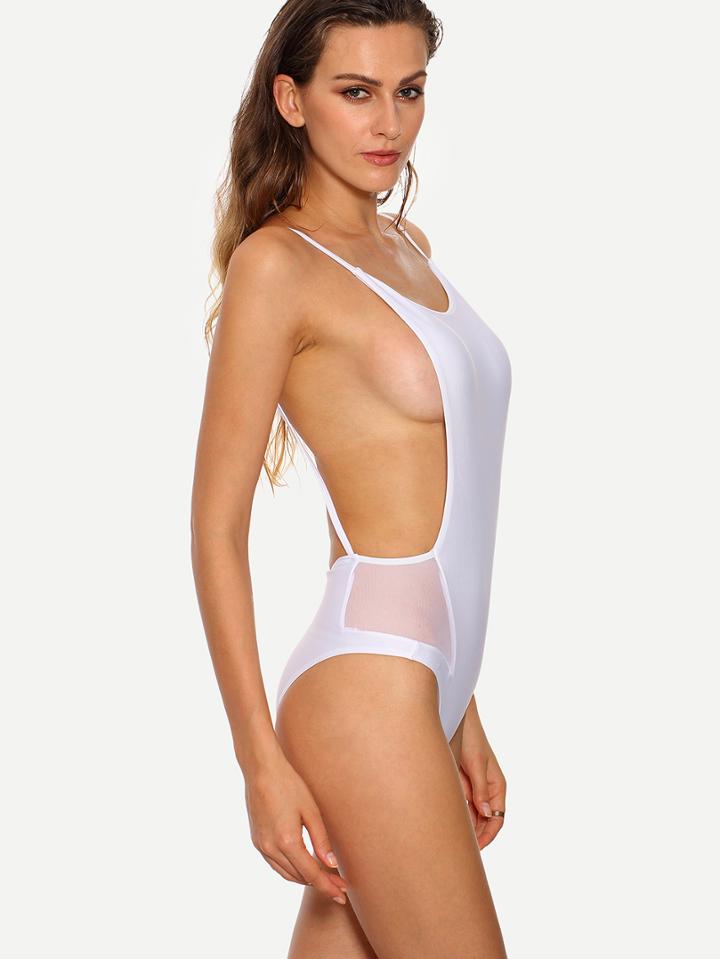 Shein Mesh Insert Backless One-piece Swimwear - White