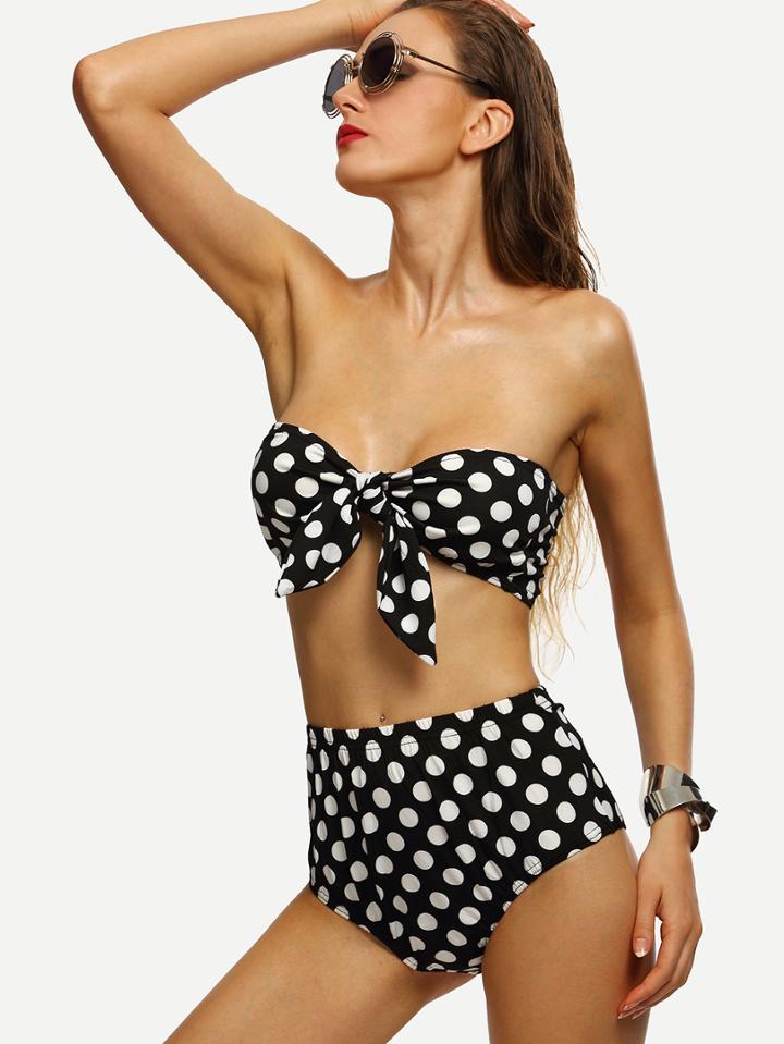Shein Black Polka Dot Print Vintage Bandeau Bikini Set