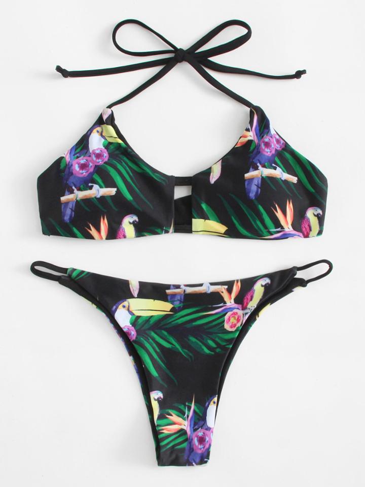 Shein Flower Print Halter Bikini Set