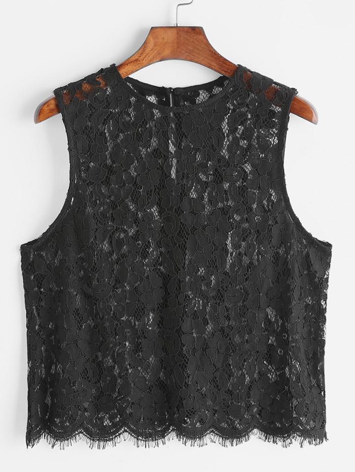 Shein Black Hollow Out Eyelash Lace Tank Top