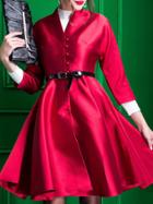 Shein Red V Neck Belted A-line Dress