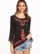 Shein Black Lace Trim Embroidered  Asymmetrical Sleeve Blouse